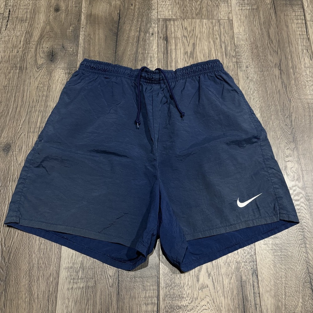 VTG 90s Nike Shorts Mens M Navy Blue Nylon Athletic Running Drawstring *Faded*